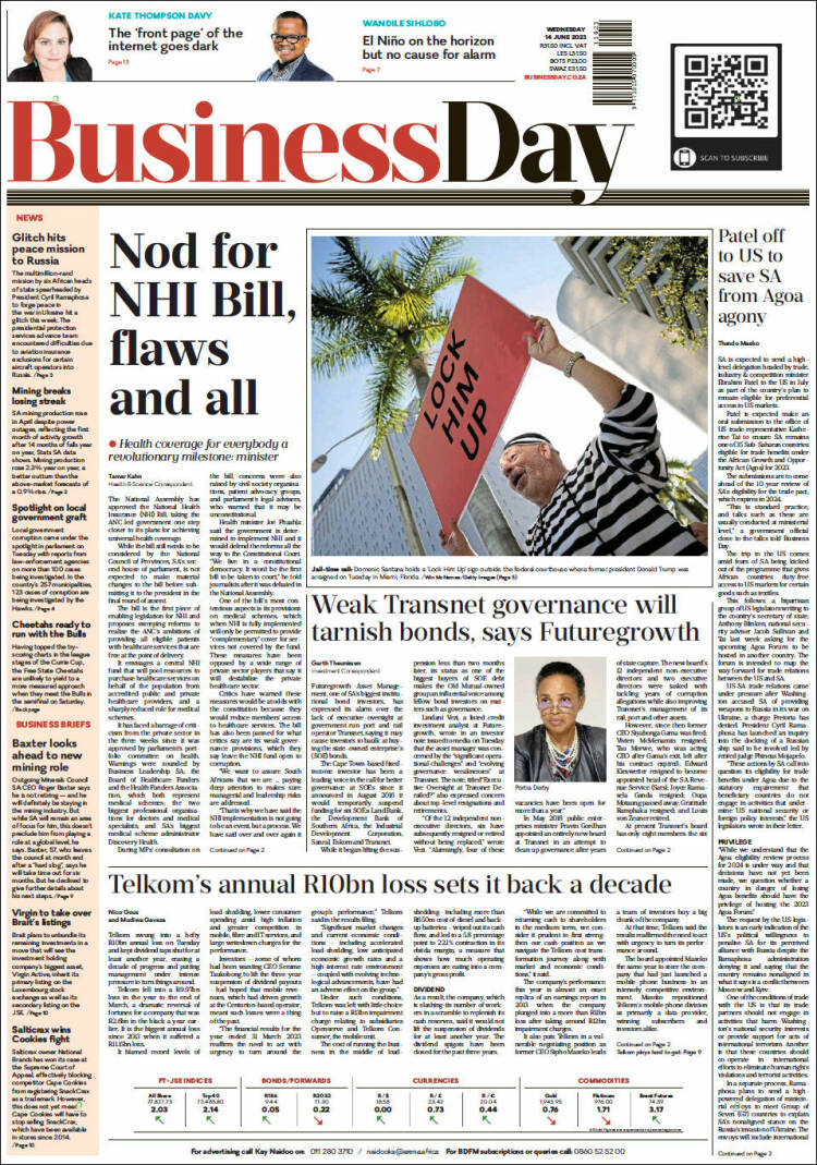 Portada de Business Day (Sud&aacute;frica)