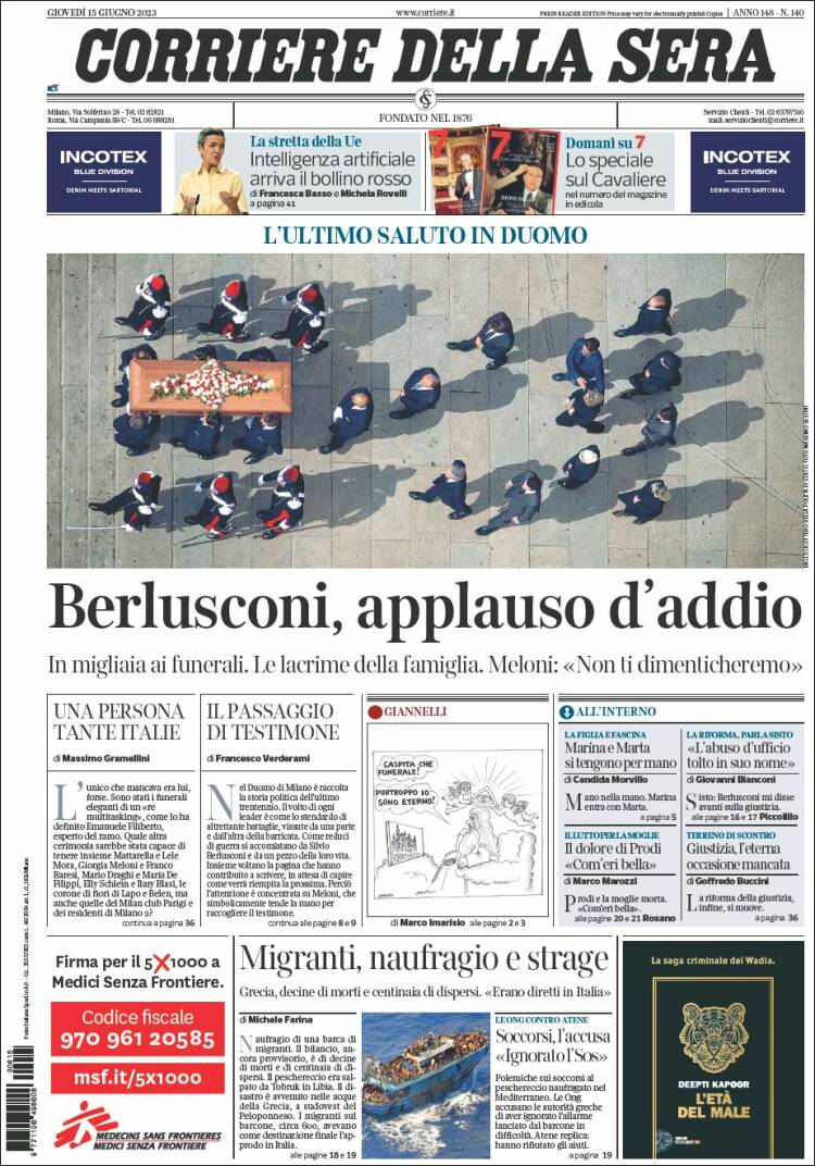 Portada de Corriere della Sera (Italia)