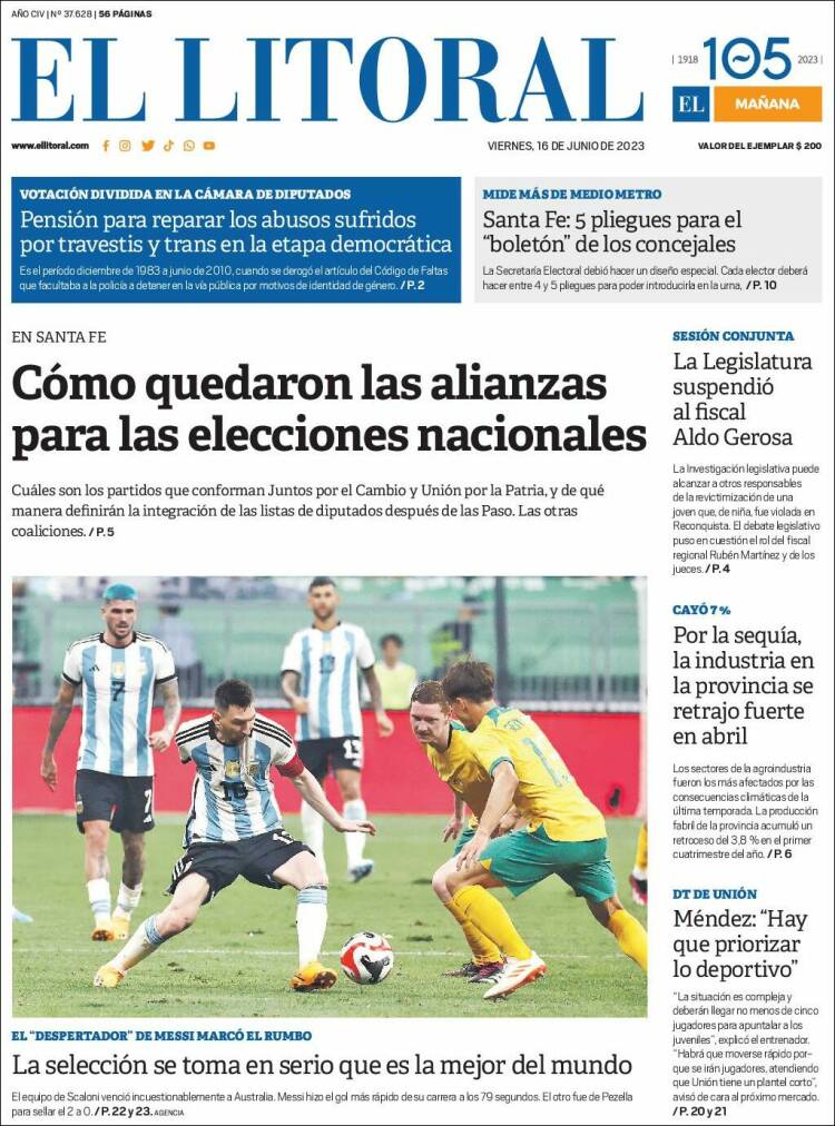 Portada de Diario El Litoral (Argentina)