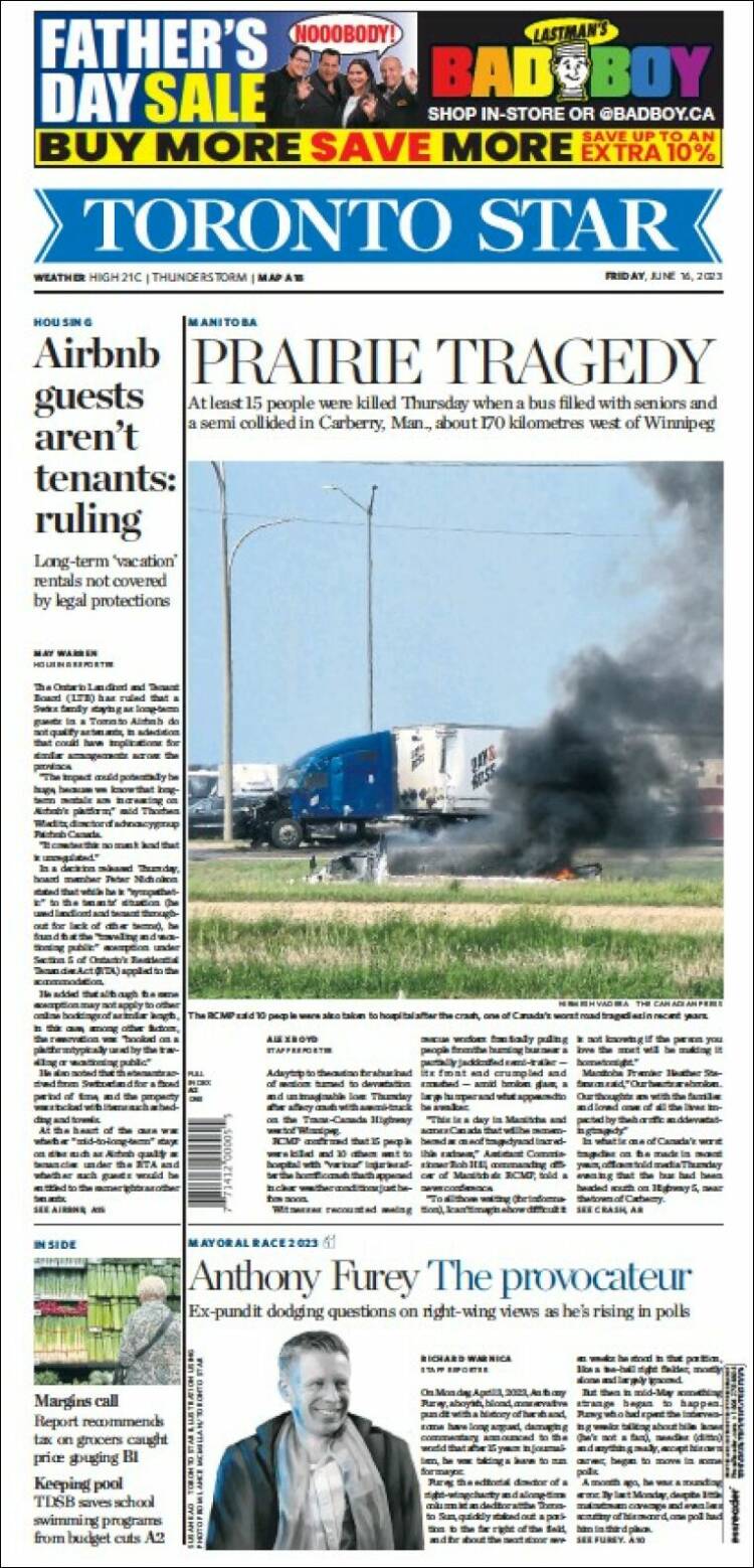 Portada de The Toronto Star (Canada)