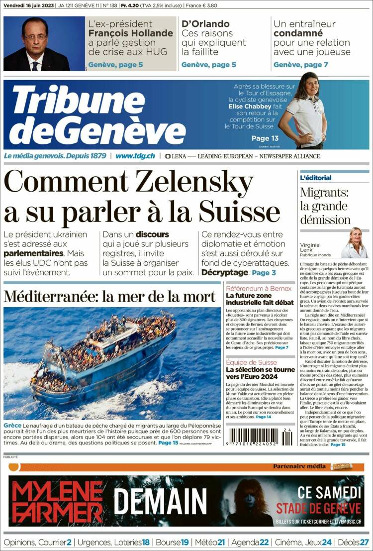 Portada de La Tribune de Genève (Suiza)