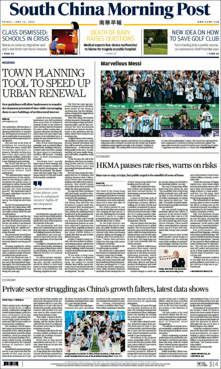 Portada de South China Morning Post (China)