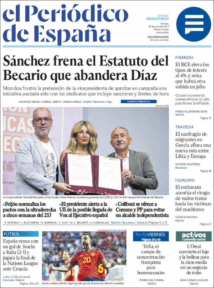 Portada de El Periódico de España (España)