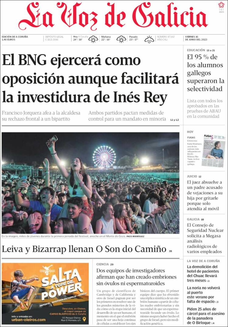 Portada de La Voz de Galicia (España)