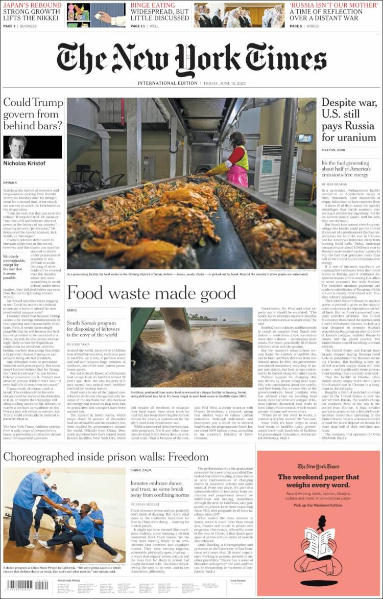 Portada de International New York Times (Europa)