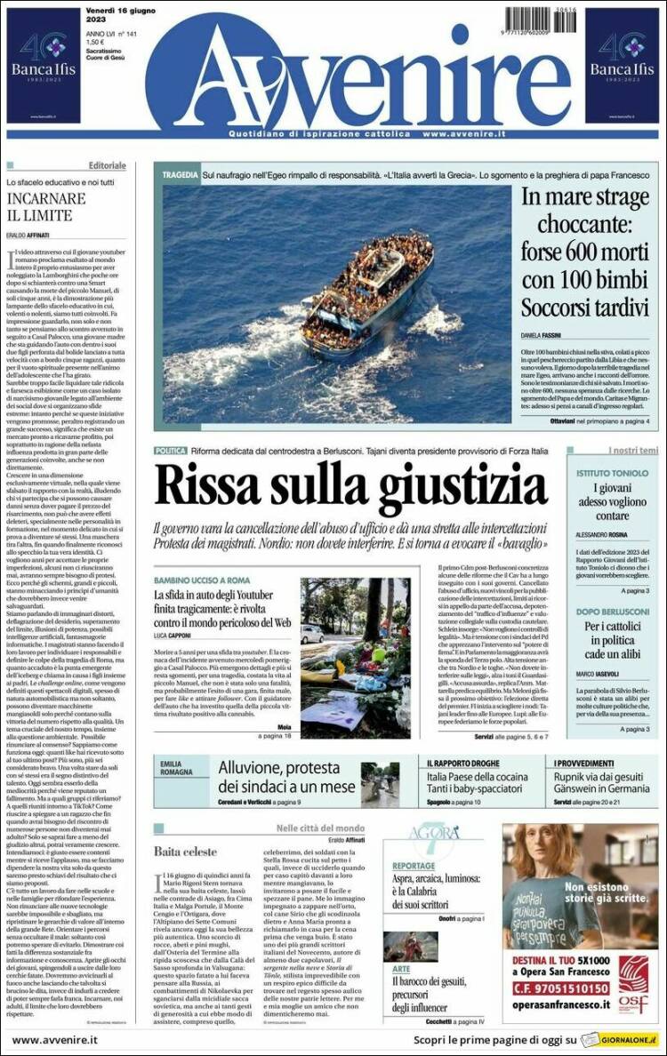 Portada de Avvenire (Italie)
