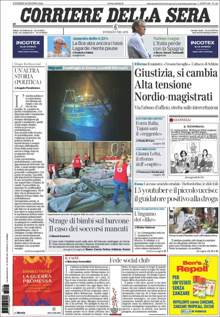 Portada de Corriere della Sera (Italie)