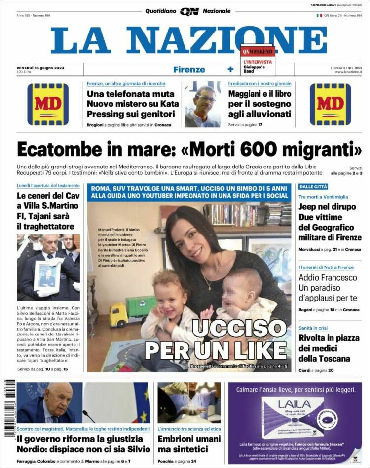 Portada de La Nazione (Italie)