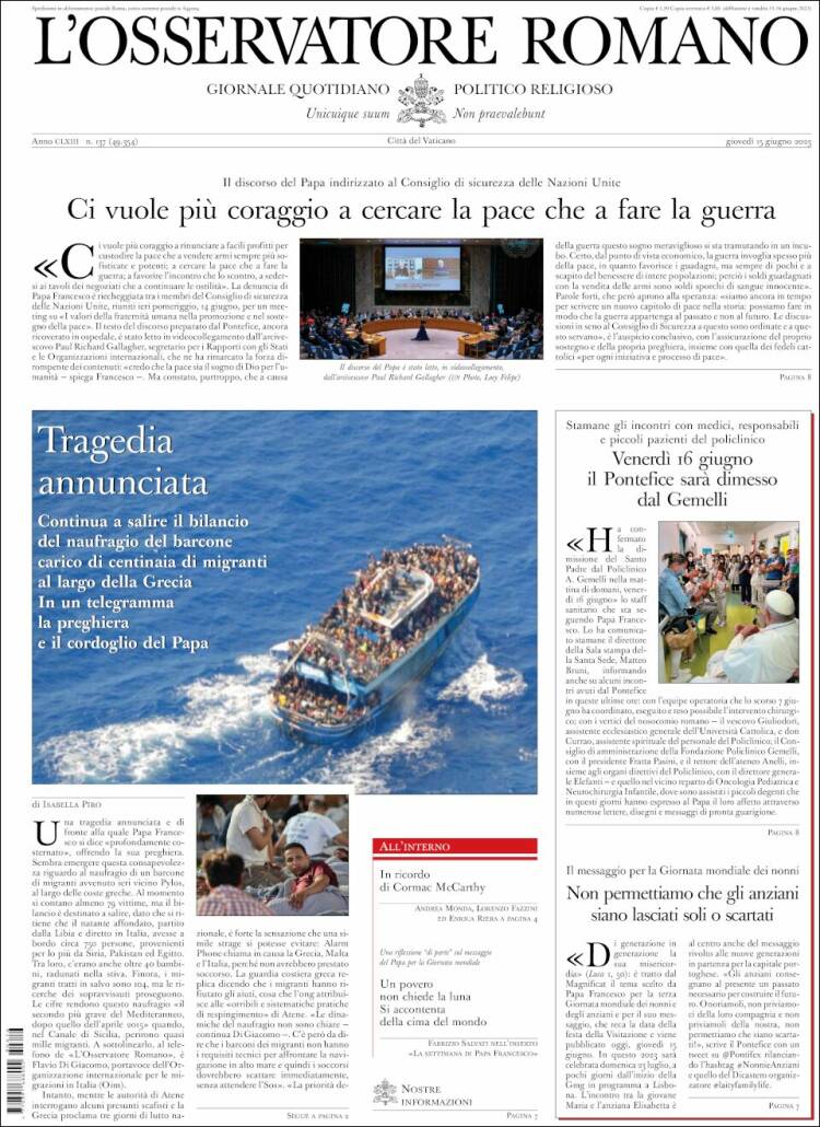 Portada de L'Osservatore Romano (Italie)