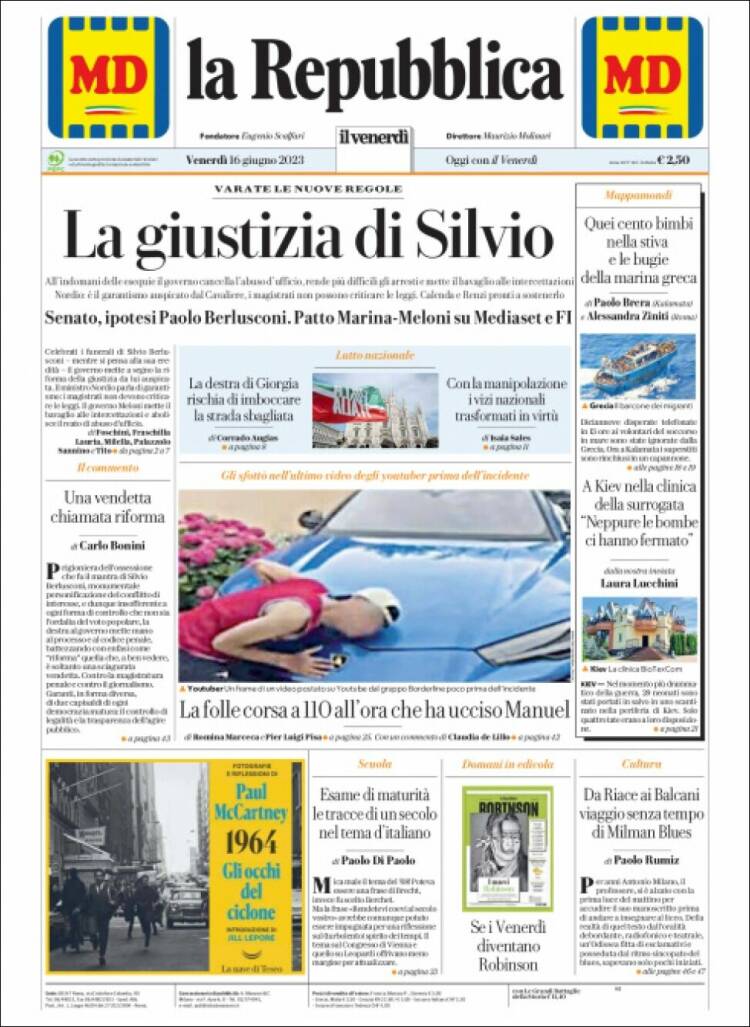 Portada de La Repubblica (Italie)