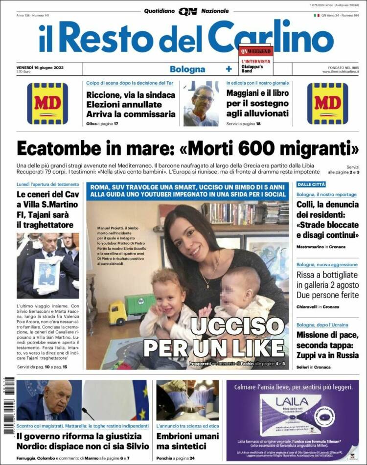 Portada de Il Resto del Carlino (Italie)