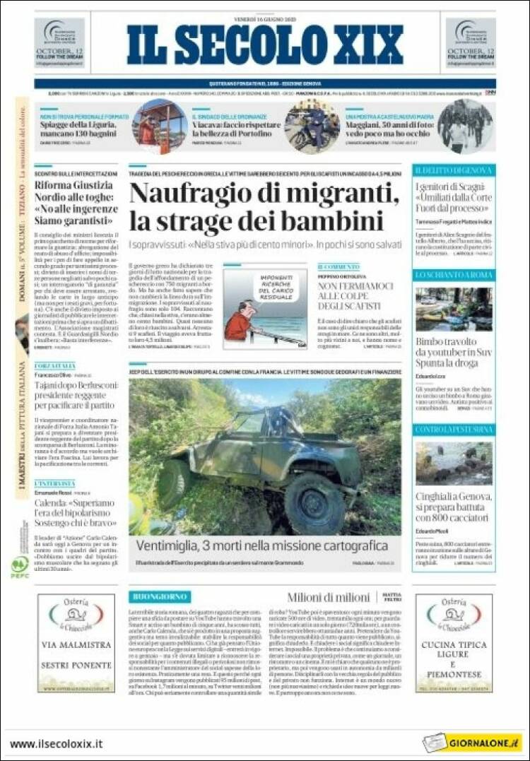 Portada de Il Secolo XIX (Italie)