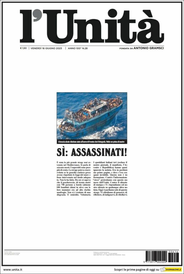 Portada de l'Unità (Italie)