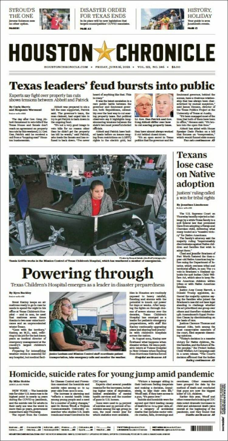 Portada de Houston Chronicle (USA)