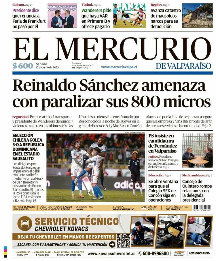 Portada de Mercurio de Valparaiso (Chile)