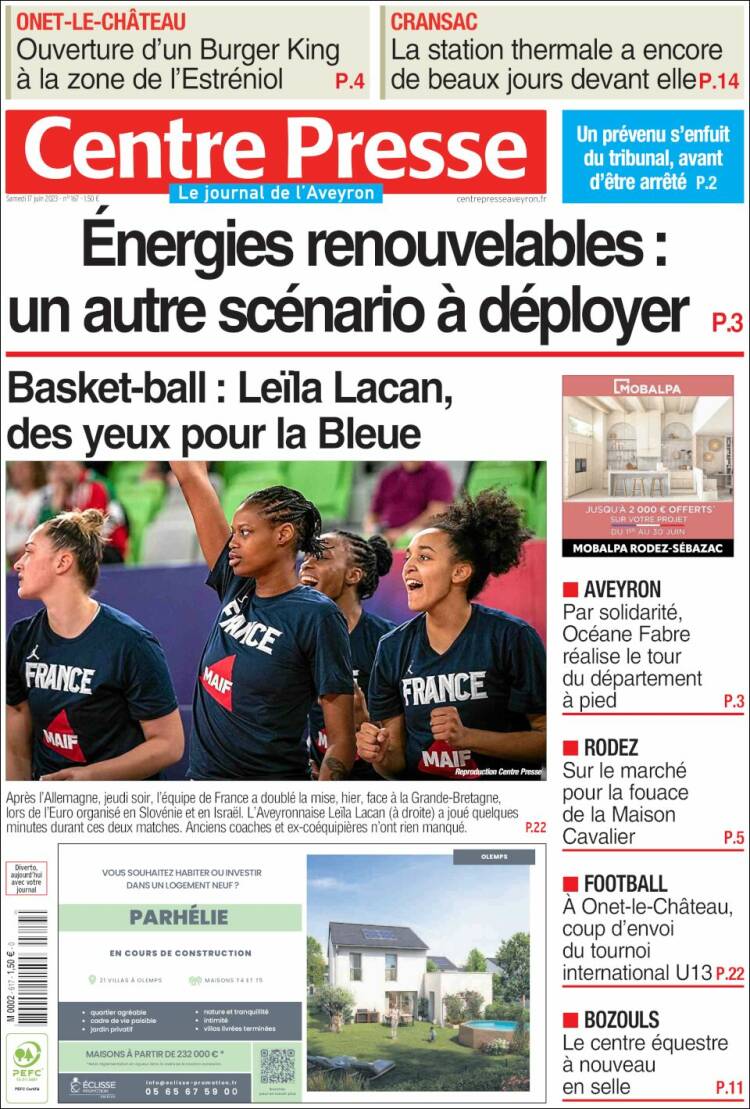 Portada de Centre Presse (Francia)