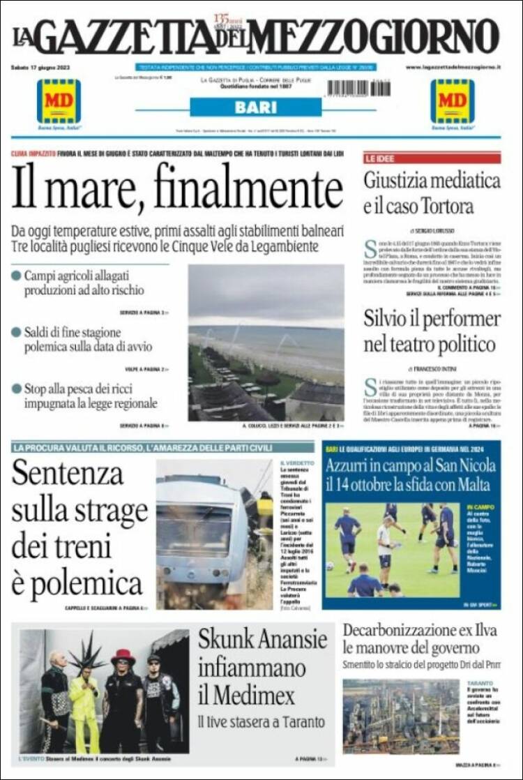 Portada de La Gazzetta del Mezzogiorno (Italia)