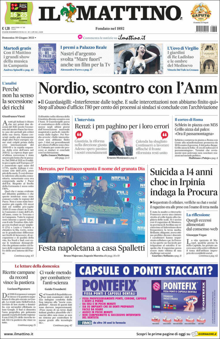 Portada de Il Mattino (Italia)