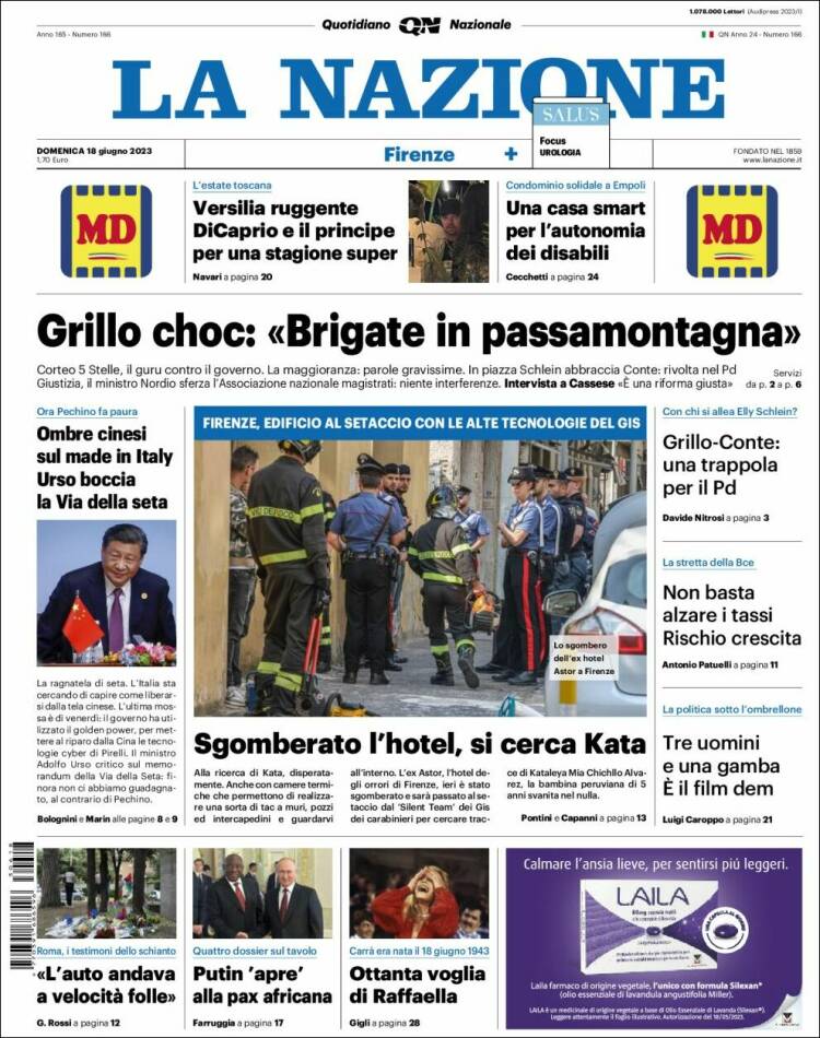 Portada de La Nazione (Italia)