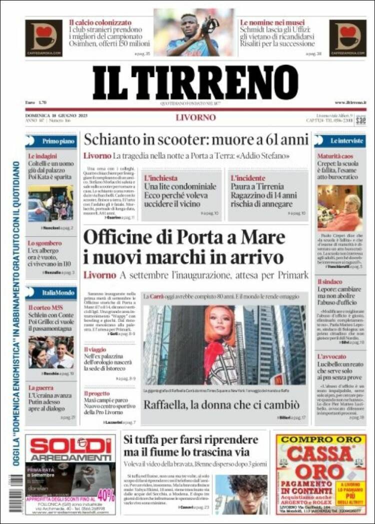 Portada de Il Tirreno (Italia)