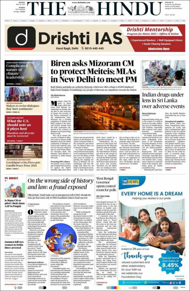 Portada de The Hindu (India)