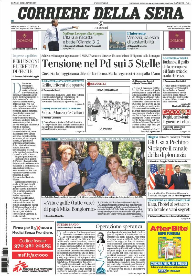 Portada de Corriere della Sera (Italia)