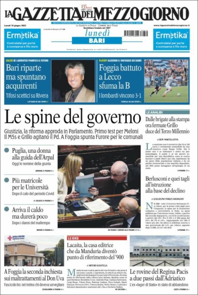 Portada de La Gazzetta del Mezzogiorno (Italia)