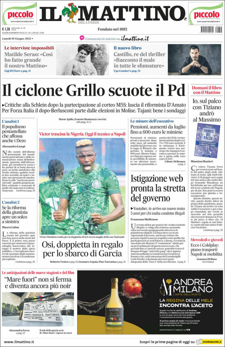Portada de Il Mattino (Italia)