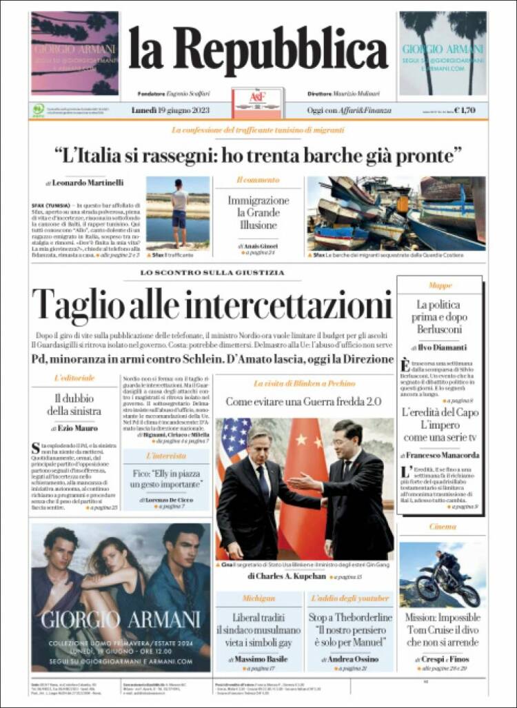 Portada de La Repubblica (Italia)