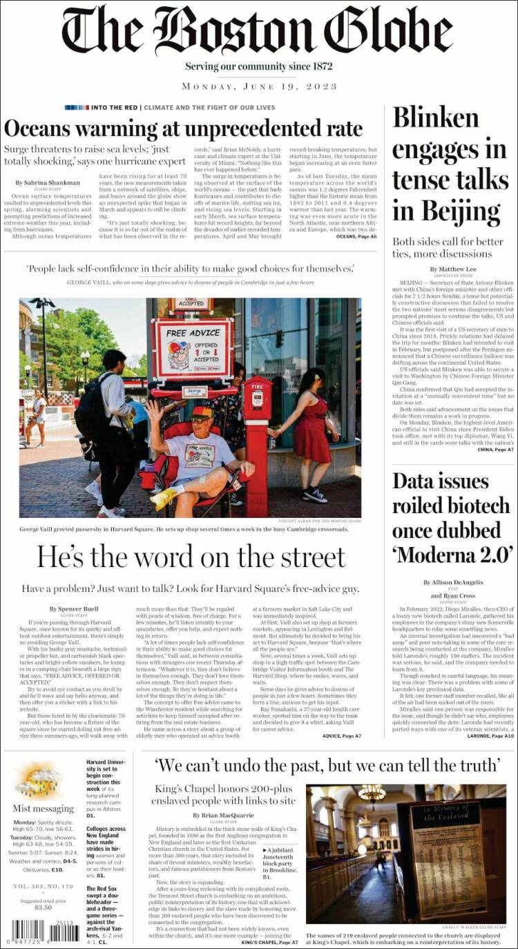 Portada de Boston Globe (USA)