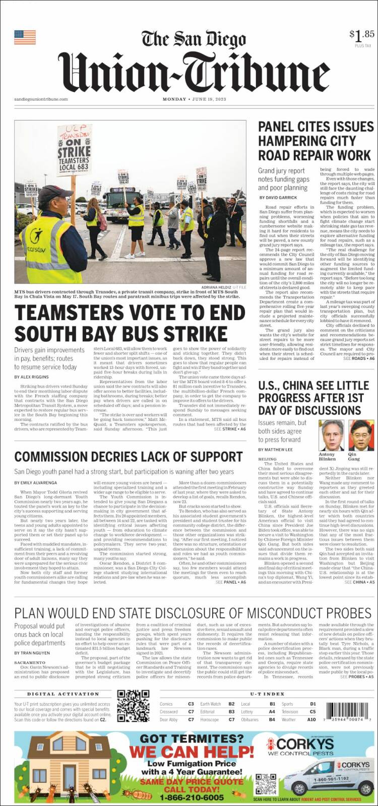 Portada de The San Diego Union-Tribune (USA)