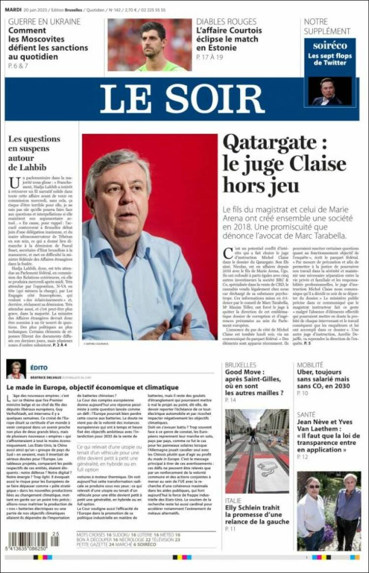 Portada de Le Soir (Bélgica)