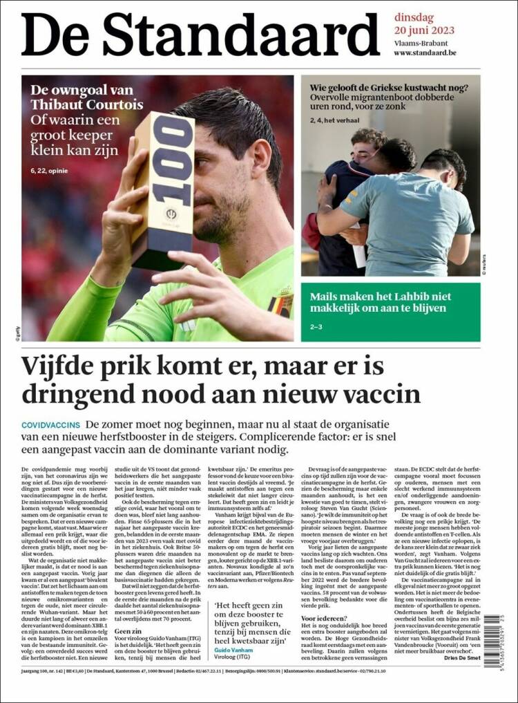 Portada de De Standaard (Bélgica)