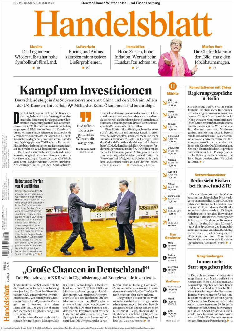 Portada de Handelsblatt (Alemania)