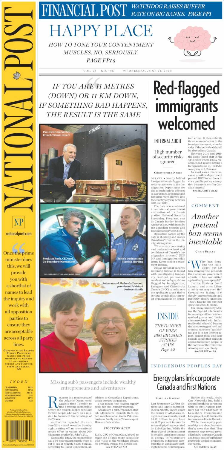 Portada de The National Post (Canada)