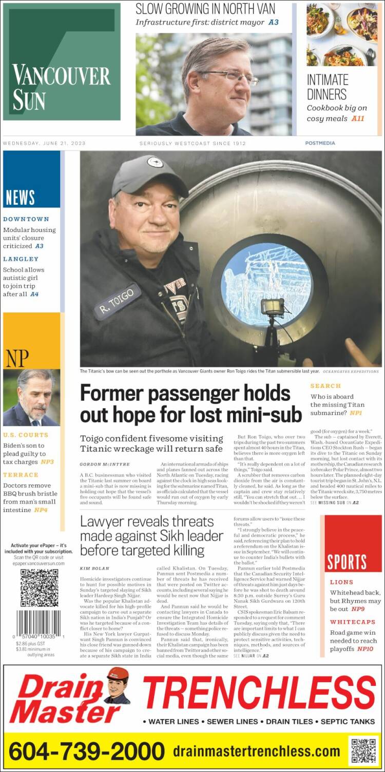 Portada de The Vancouver Sun (Canada)