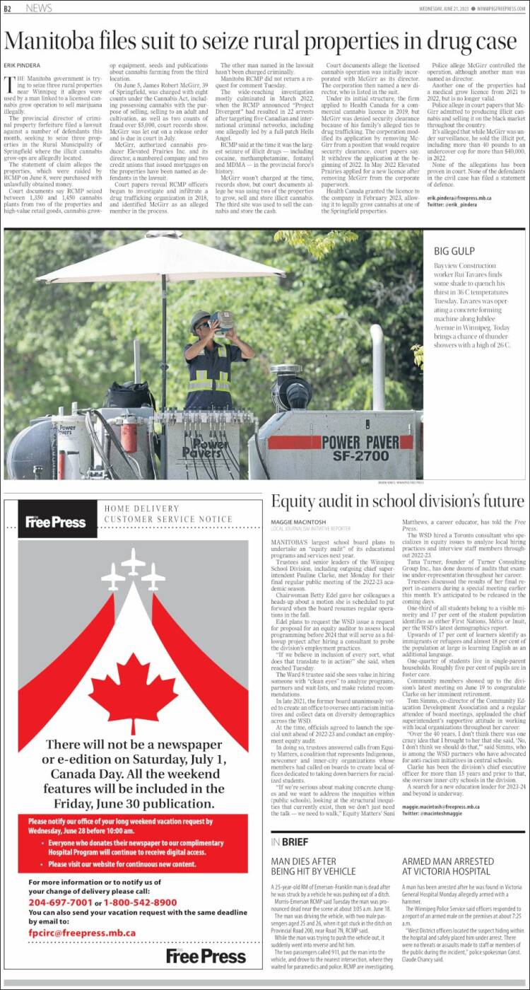 Portada de Winnipeg Free Press (Canada)