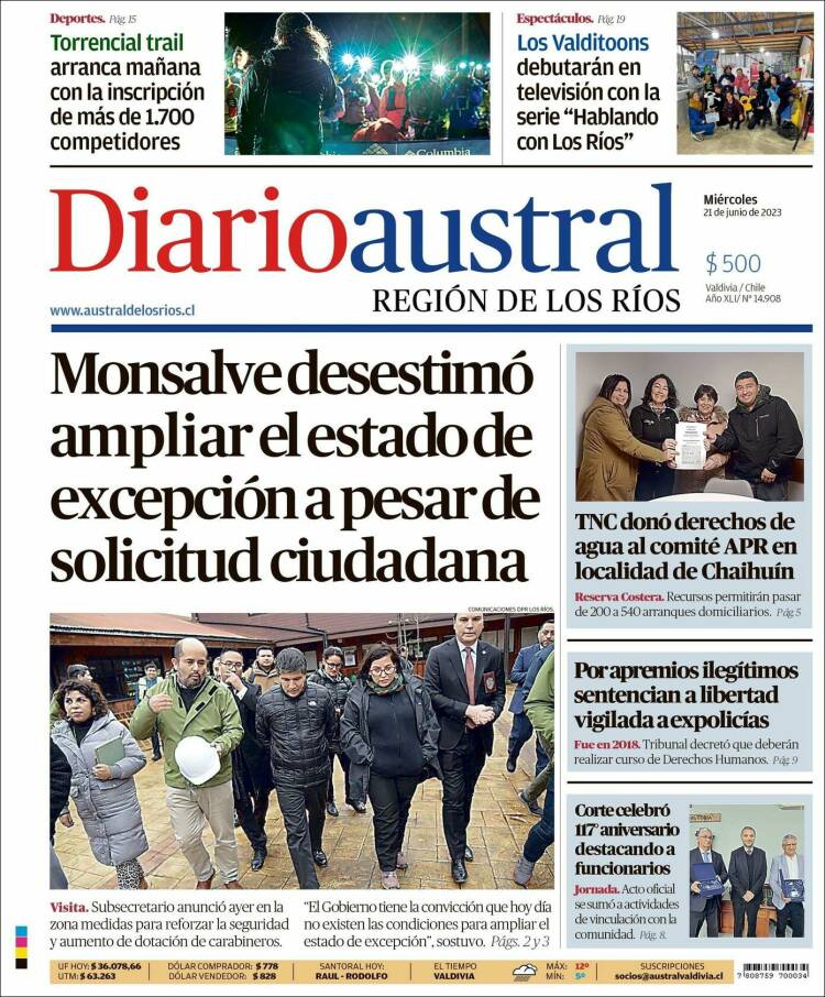 Portada de El Diario Austral de Valdivia (Chili)