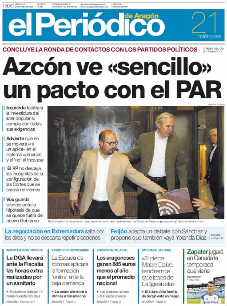 Portada de El Periódico de Aragón (Spain)