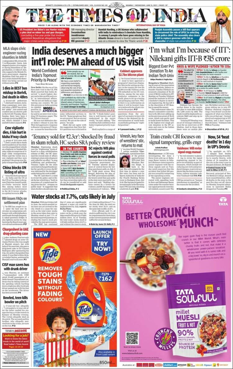 Portada de The Times of India (Inde)