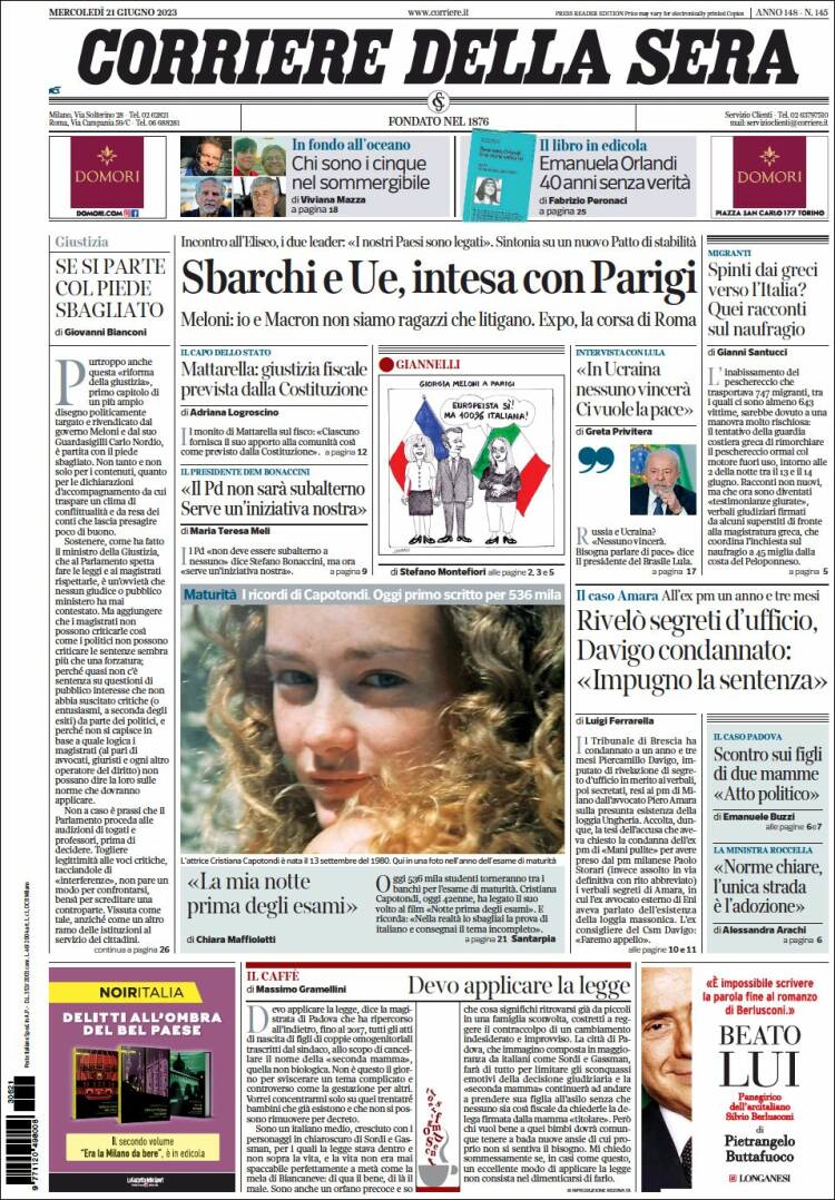 Portada de Corriere della Sera (Italie)