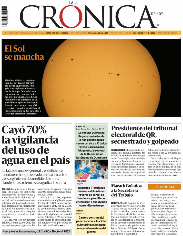 Portada de La Crónica de Hoy (México)
