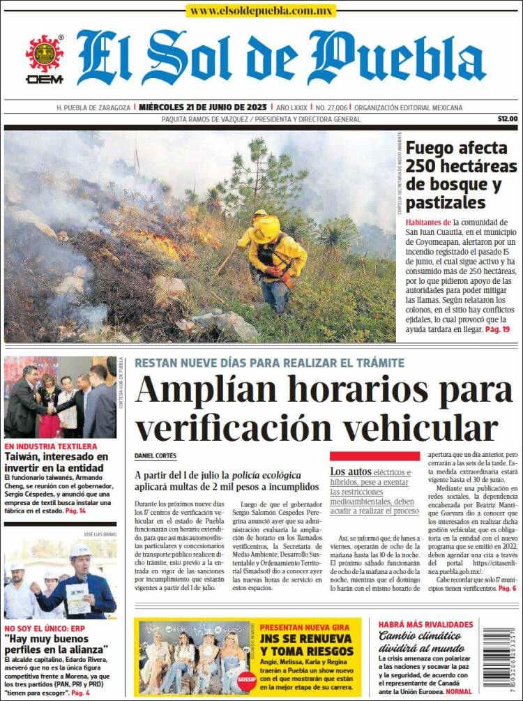 Portada de El Sol de Puebla (México)