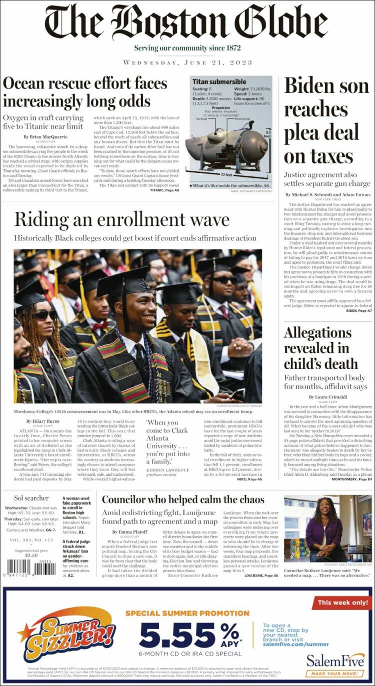 Portada de Boston Globe (USA)