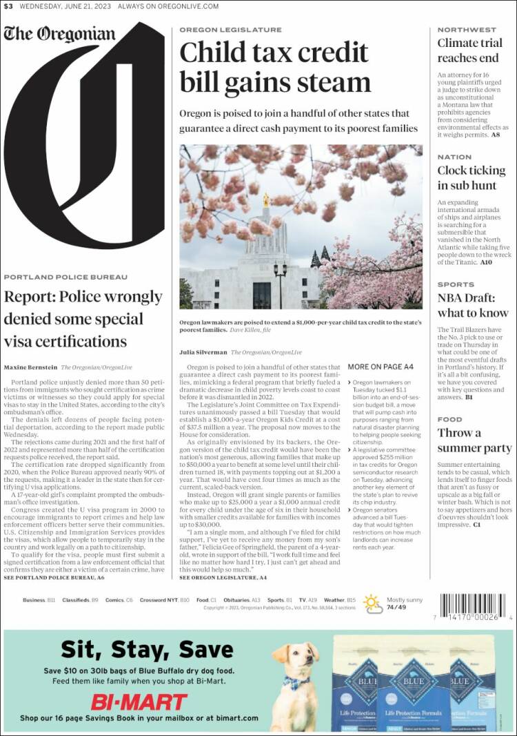 Portada de The Oregonian (USA)