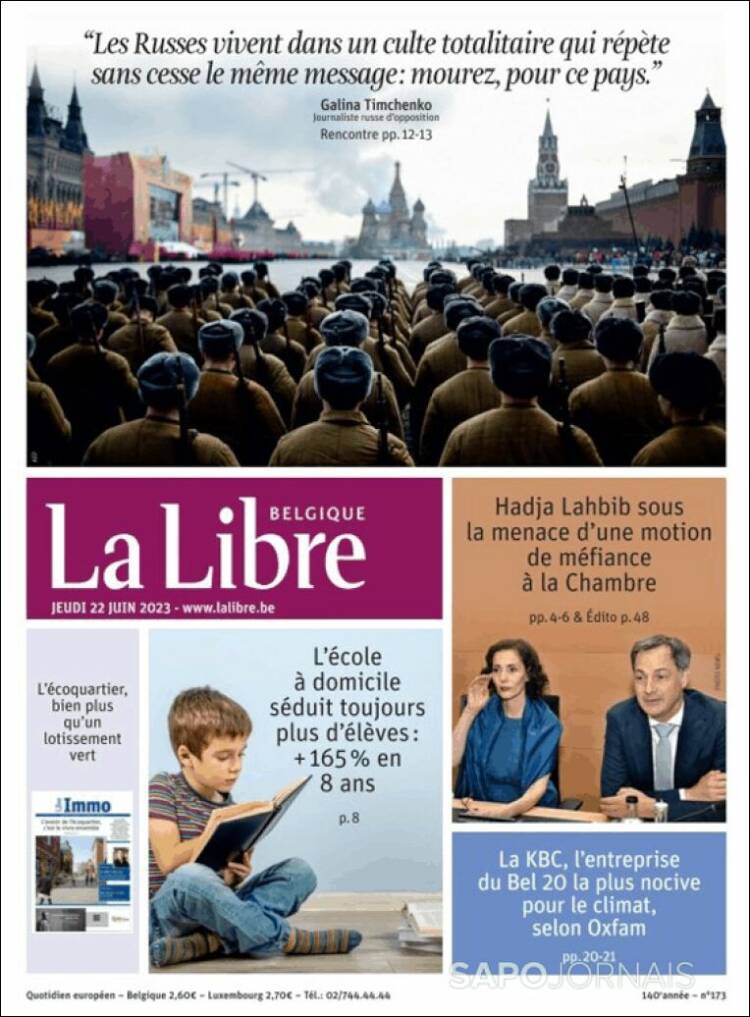 Portada de La Libre.be (B&eacute;lgica)