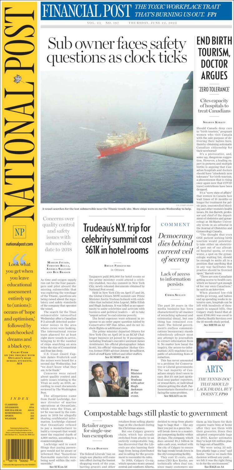Portada de The National Post (Canadá)