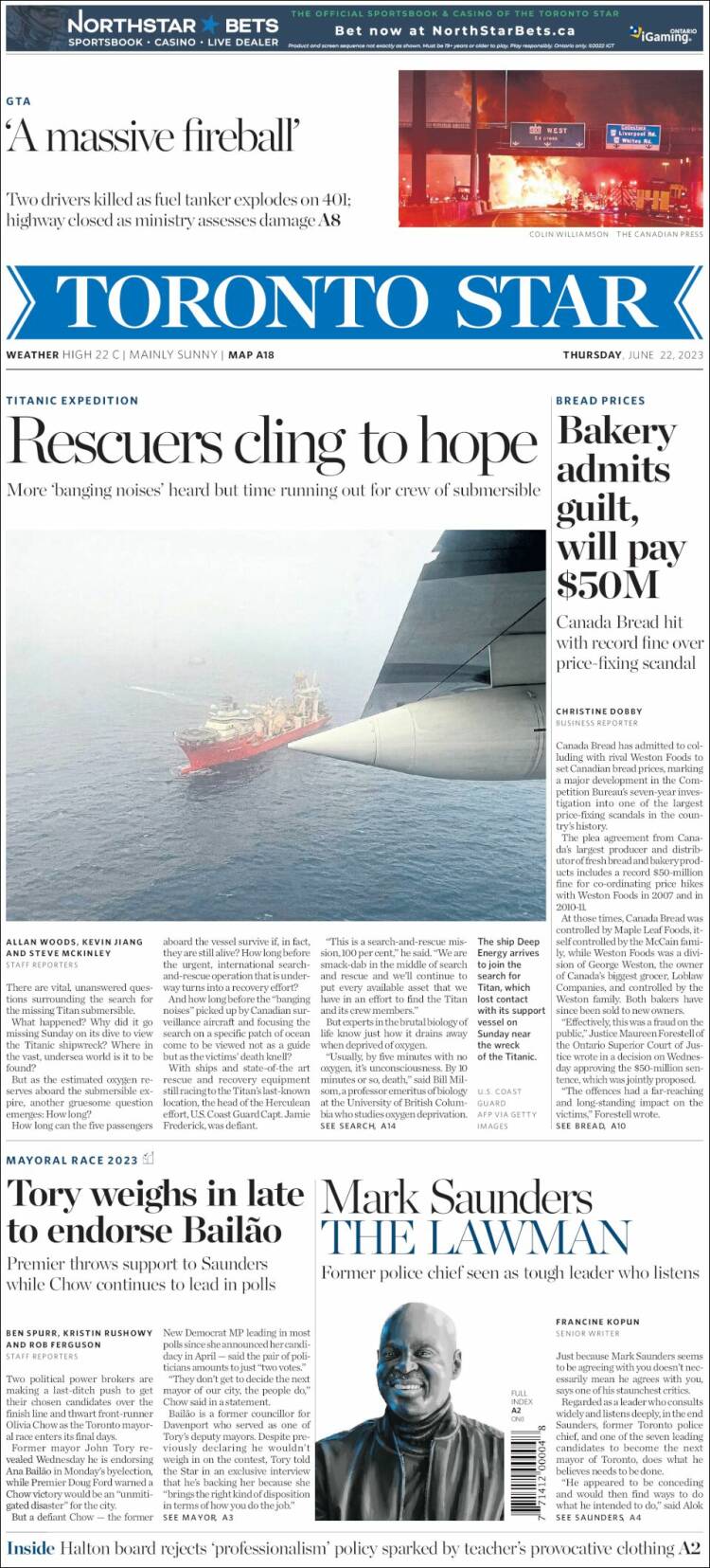 Portada de The Toronto Star (Canadá)