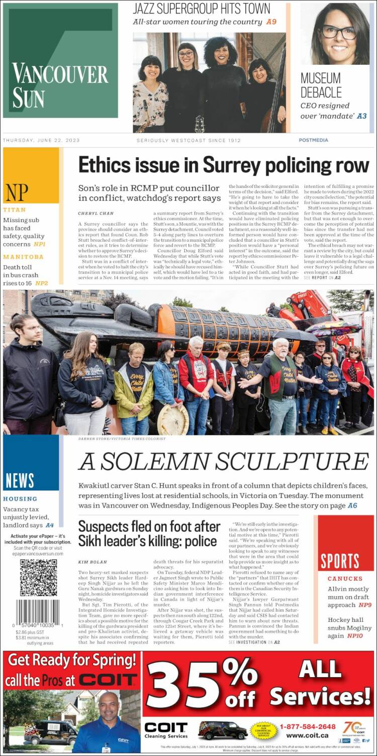 Portada de The Vancouver Sun (Canadá)