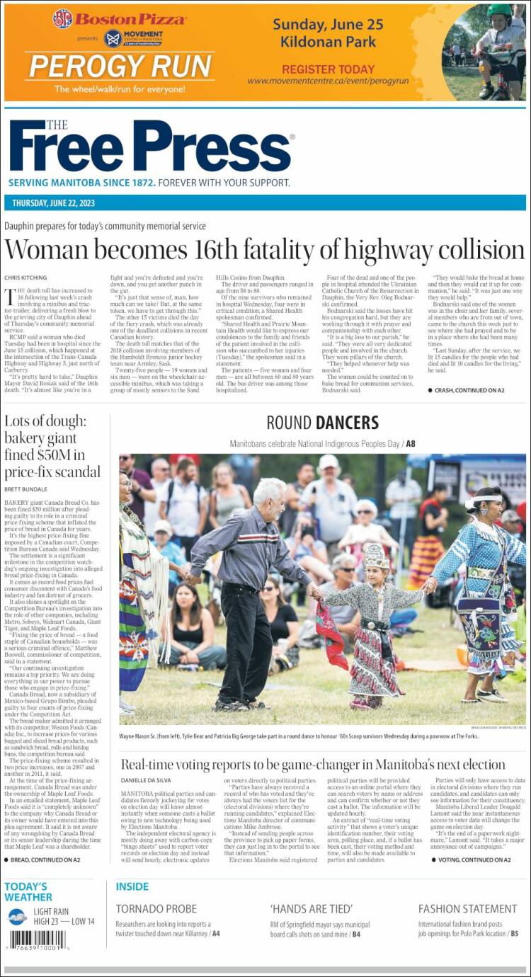Portada de Winnipeg Free Press (Canadá)